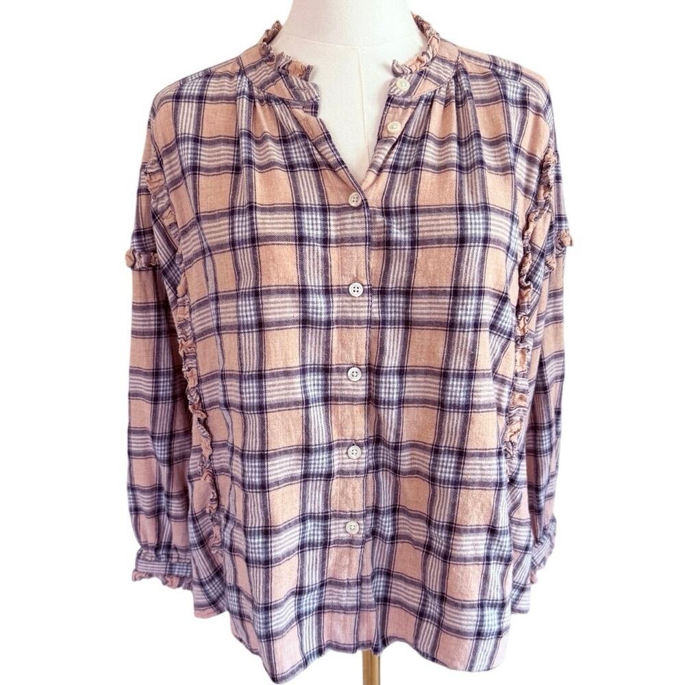 The Great Plaid Ruffle Blouse Oversized Size 0 Fits L XL Pink Gray Boho Fall